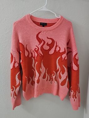 Epic Flame Sweater Pink & Red Woven Fire Design aqua blues Women's Size L